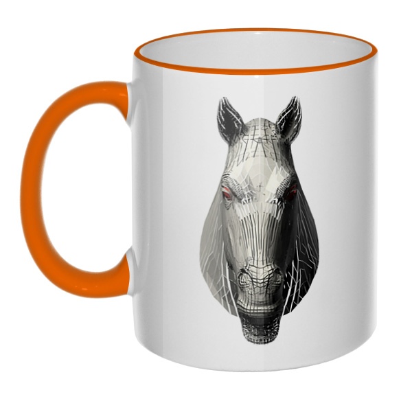 Кружка Полигональная лошадь с цветным ободком и ручкой, цвет оранжевый