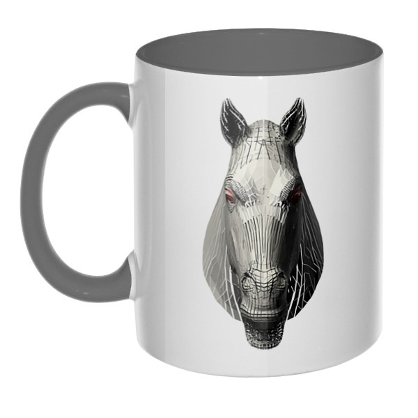 Полигональная лошадь, кружка цветная внутри и ручка, цвет серый