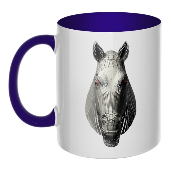 Полигональная лошадь, кружка цветная внутри и ручка, цвет темно-синий