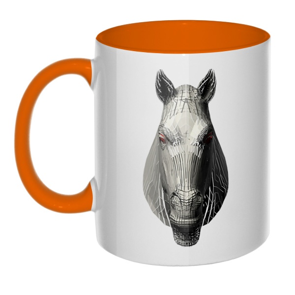 Полигональная лошадь, кружка цветная внутри и ручка, цвет оранжевый