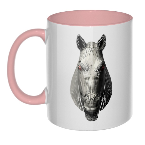 Полигональная лошадь, кружка цветная внутри и ручка, цвет розовый