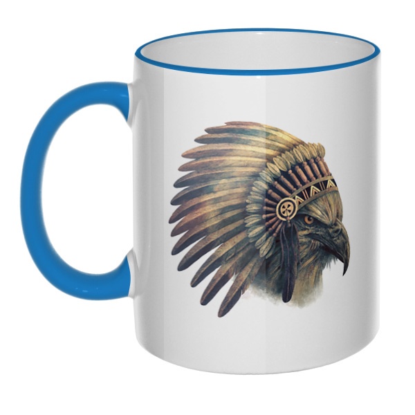Кружка Орел-индеец с цветным ободком и ручкой, цвет голубой
