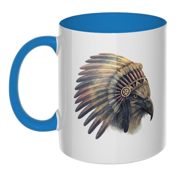 Орел-индеец, кружка цветная внутри и ручка, цвет голубой