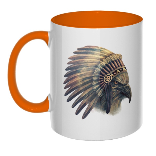 Орел-индеец, кружка цветная внутри и ручка, цвет оранжевый