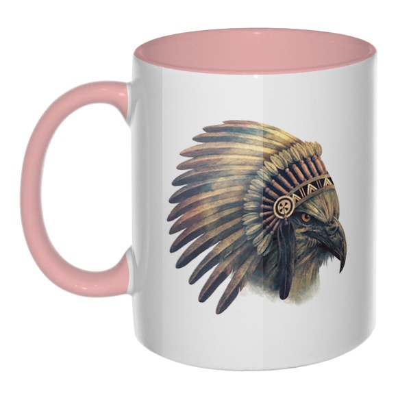 Орел-индеец, кружка цветная внутри и ручка, цвет розовый