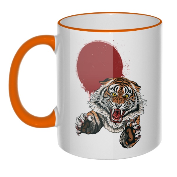 Кружка Свирепый тигр с цветным ободком и ручкой, цвет оранжевый