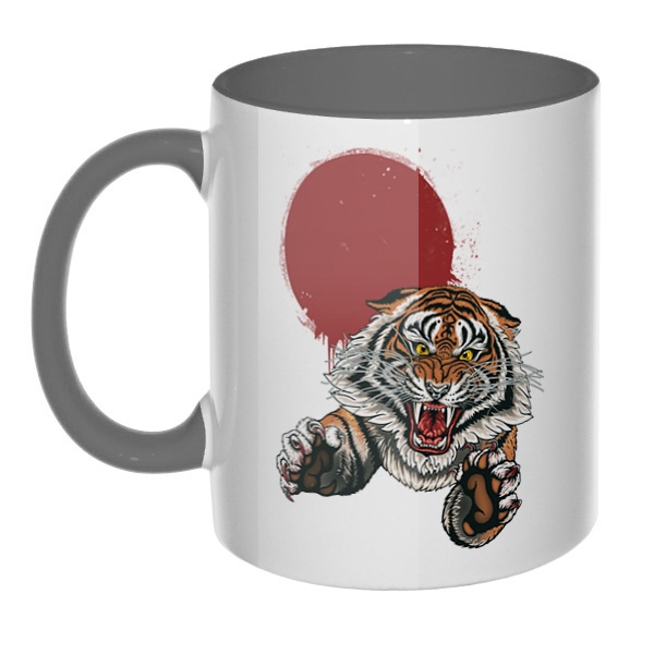 Свирепый тигр, кружка цветная внутри и ручка, цвет серый