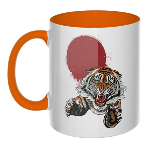 Свирепый тигр, кружка цветная внутри и ручка, цвет оранжевый