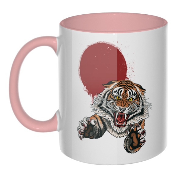 Свирепый тигр, кружка цветная внутри и ручка, цвет розовый