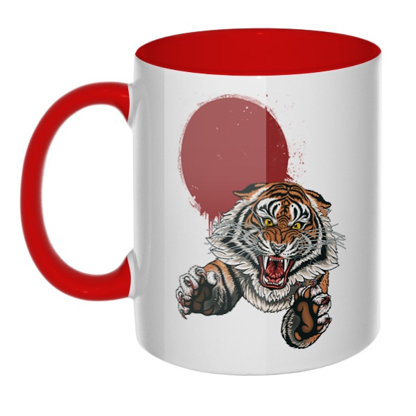 Свирепый тигр, кружка цветная внутри и ручка, цвет красный