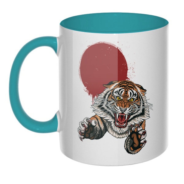 Свирепый тигр, кружка цветная внутри и ручка, цвет бирюзовый