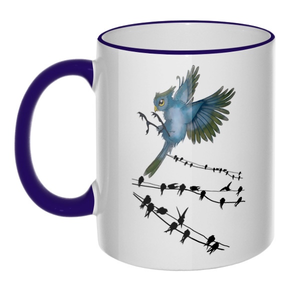 Кружка Птицы как ноты с цветным ободком и ручкой, цвет темно-синий