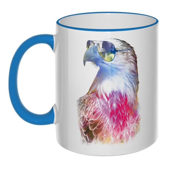 Кружка Орёл в очках с цветным ободком и ручкой, цвет голубой