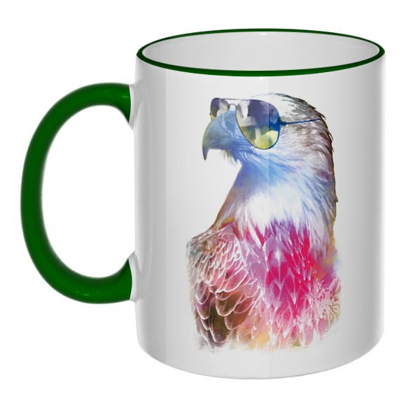 Кружка Орёл в очках с цветным ободком и ручкой, цвет зеленый