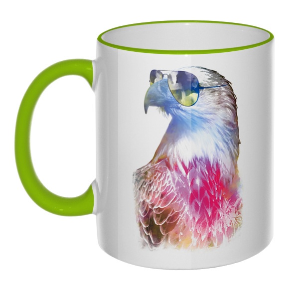Кружка Орёл в очках с цветным ободком и ручкой, цвет салатовый