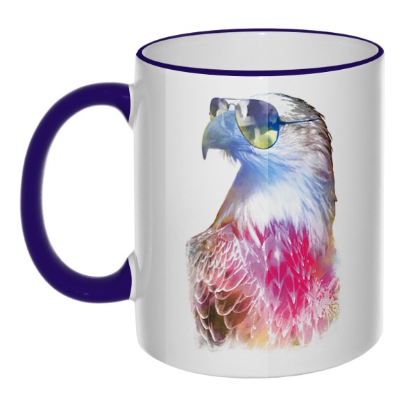 Кружка Орёл в очках с цветным ободком и ручкой, цвет темно-синий