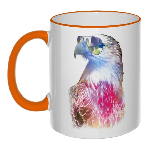 Кружка Орёл в очках с цветным ободком и ручкой, цвет оранжевый