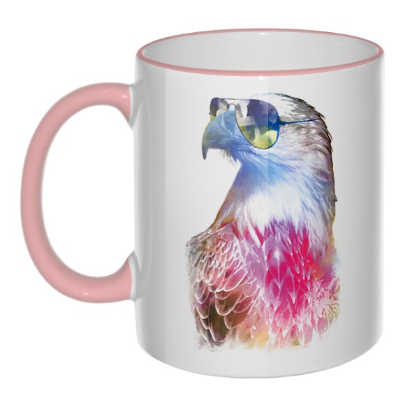 Кружка Орёл в очках с цветным ободком и ручкой, цвет розовый