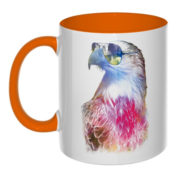 Орёл в очках, кружка цветная внутри и ручка, цвет оранжевый