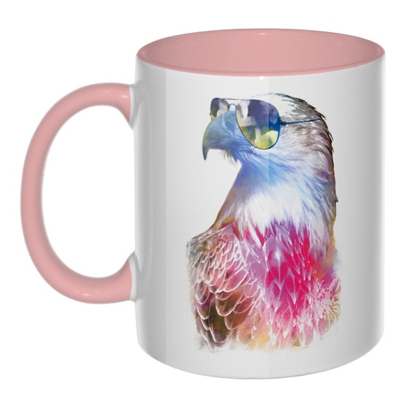 Орёл в очках, кружка цветная внутри и ручка, цвет розовый