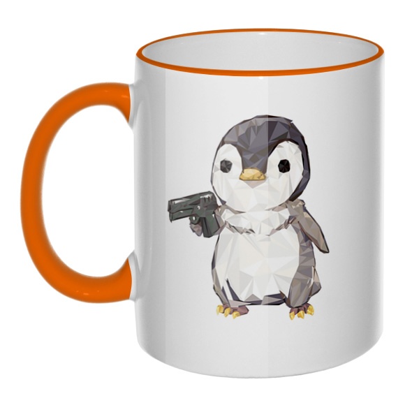 Кружка Пингвин с пистолетом с цветным ободком и ручкой, цвет оранжевый