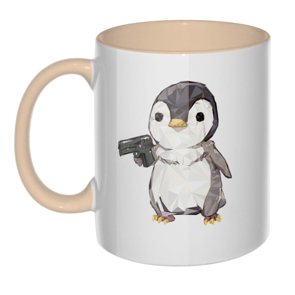 Пингвин с пистолетом, кружка цветная внутри и ручка, цвет бежевый