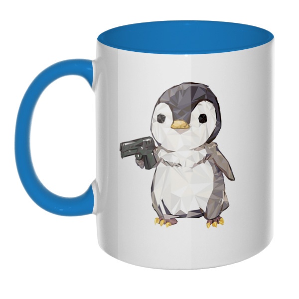 Пингвин с пистолетом, кружка цветная внутри и ручка, цвет голубой