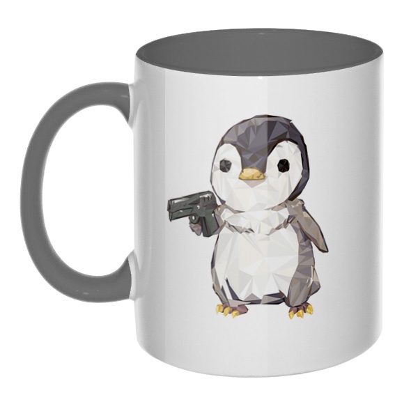 Пингвин с пистолетом, кружка цветная внутри и ручка, цвет серый