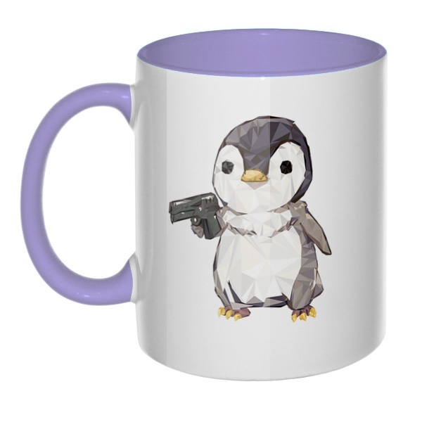 Пингвин с пистолетом, кружка цветная внутри и ручка, цвет лавандовый