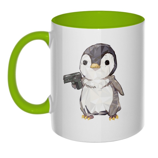 Пингвин с пистолетом, кружка цветная внутри и ручка, цвет салатовый