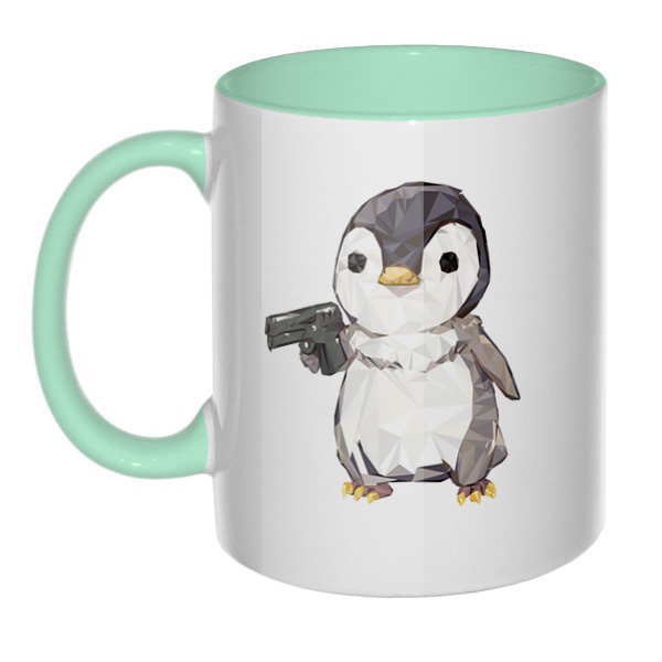 Пингвин с пистолетом, кружка цветная внутри и ручка, цвет мятный