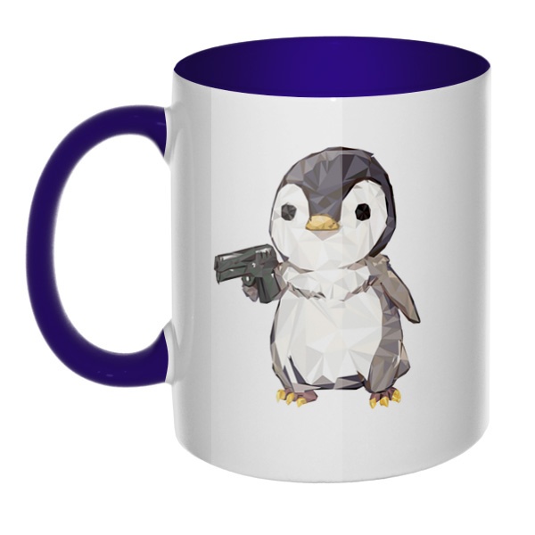 Пингвин с пистолетом, кружка цветная внутри и ручка, цвет темно-синий