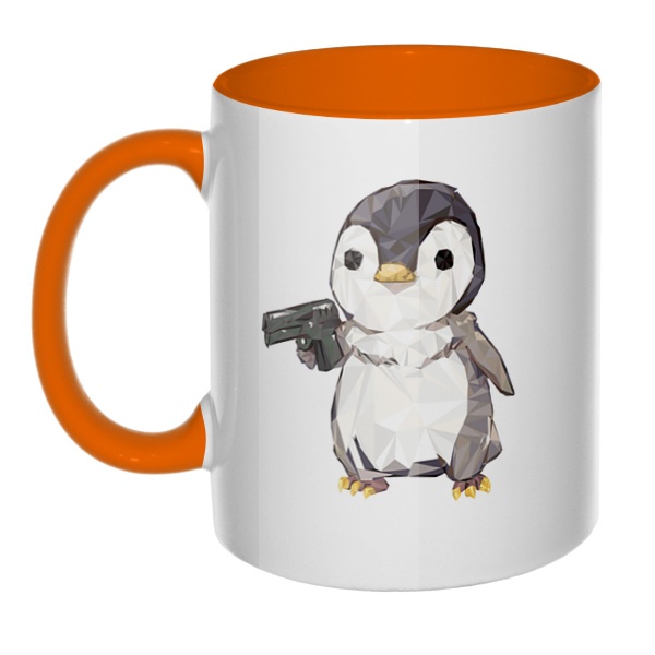 Пингвин с пистолетом, кружка цветная внутри и ручка, цвет оранжевый