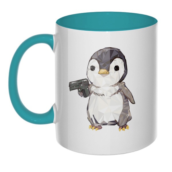 Пингвин с пистолетом, кружка цветная внутри и ручка, цвет бирюзовый
