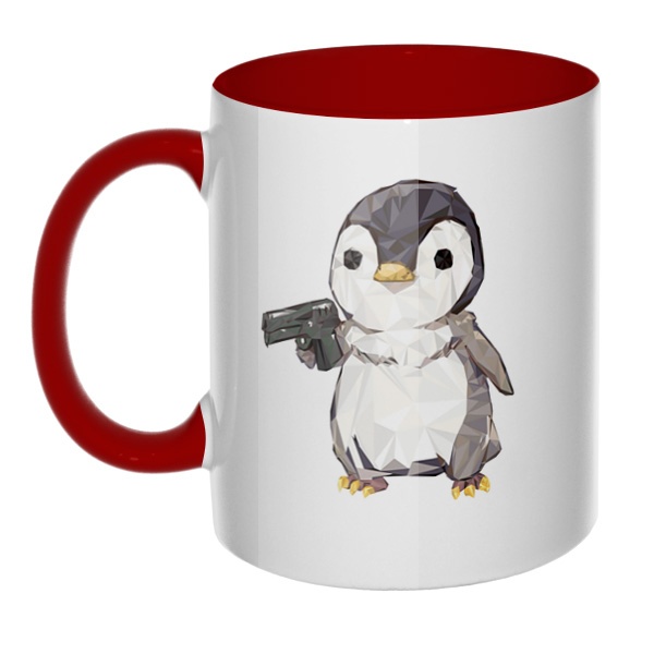 Пингвин с пистолетом, кружка цветная внутри и ручка, цвет бордовый