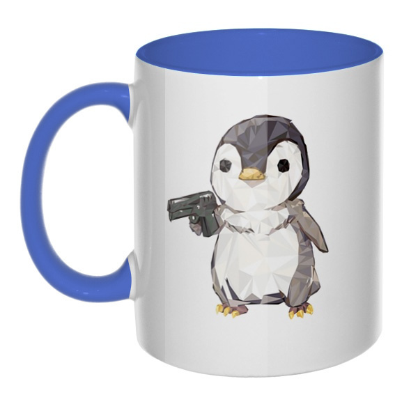 Пингвин с пистолетом, кружка цветная внутри и ручка, цвет лазурный