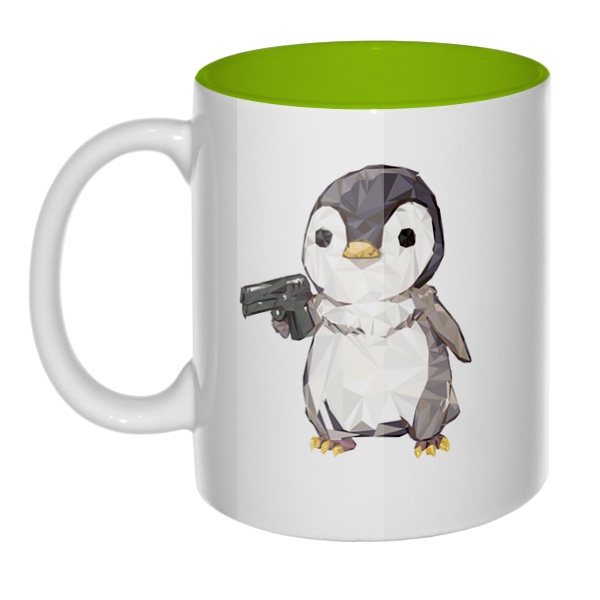 Пингвин с пистолетом, кружка цветная внутри , цвет салатовый