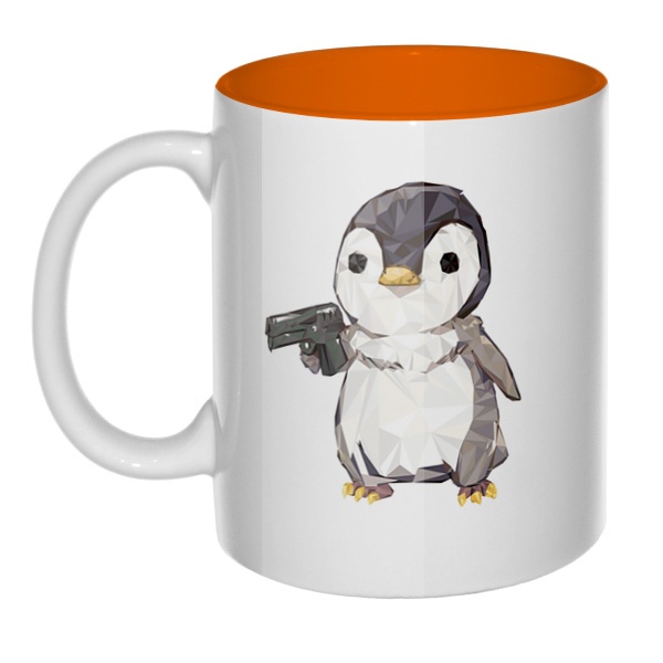 Пингвин с пистолетом, кружка цветная внутри , цвет оранжевый
