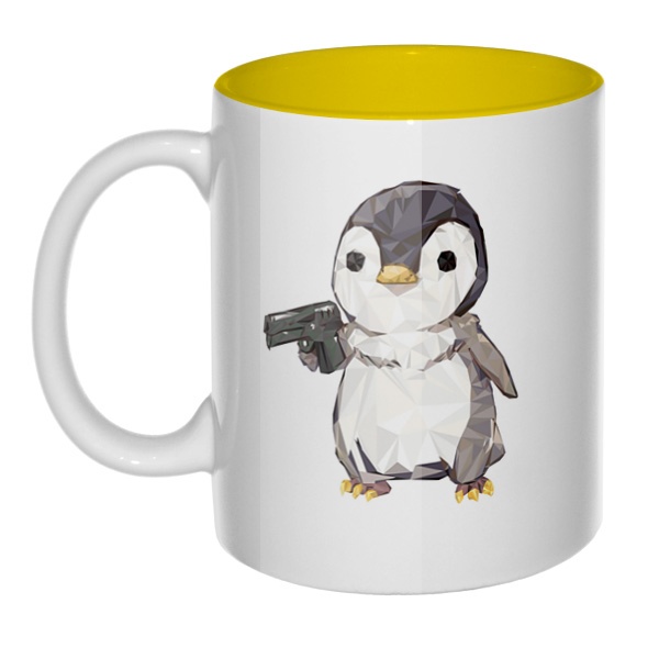 Пингвин с пистолетом, кружка цветная внутри , цвет желтый