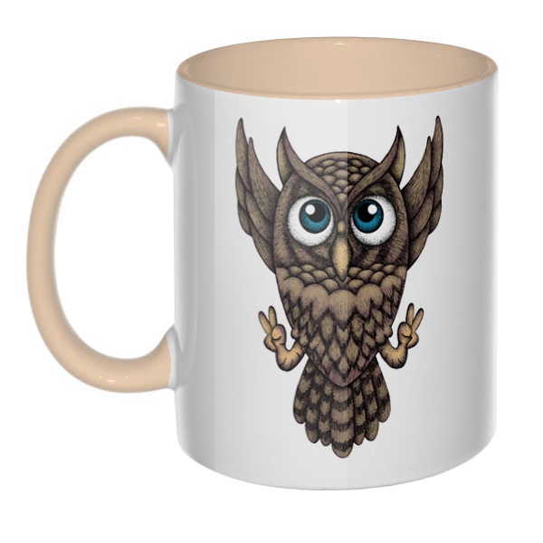 Owl, кружка цветная внутри и ручка, цвет бежевый