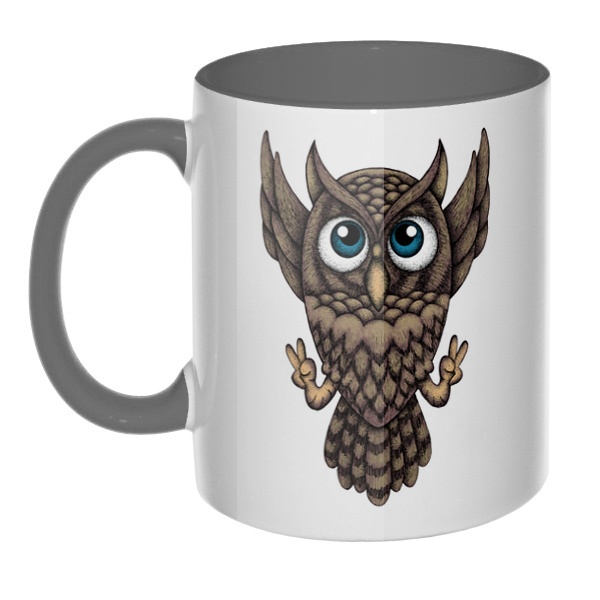 Owl, кружка цветная внутри и ручка, цвет серый