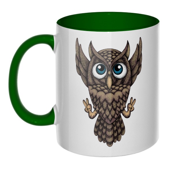 Owl, кружка цветная внутри и ручка, цвет зеленый