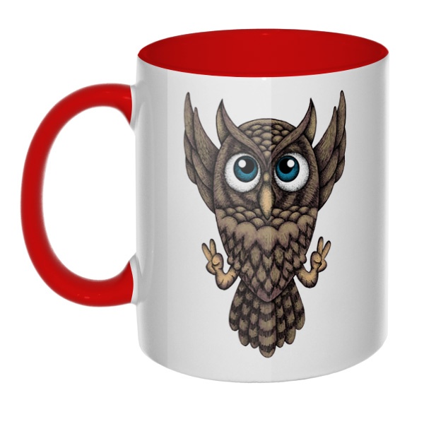 Owl, кружка цветная внутри и ручка, цвет красный