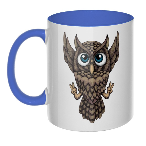Owl, кружка цветная внутри и ручка, цвет лазурный
