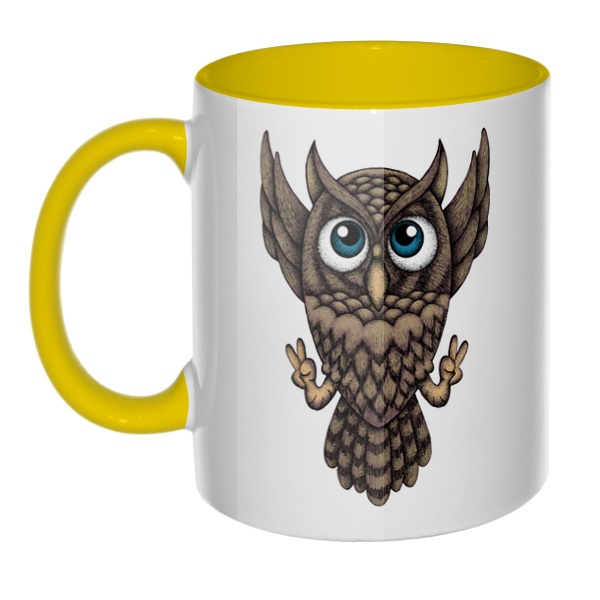 Owl, кружка цветная внутри и ручка, цвет желтый
