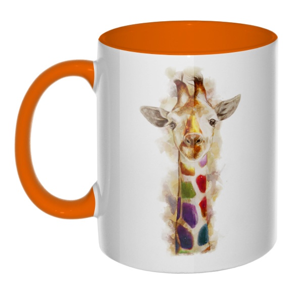 Жираф, кружка цветная внутри и ручка, цвет оранжевый