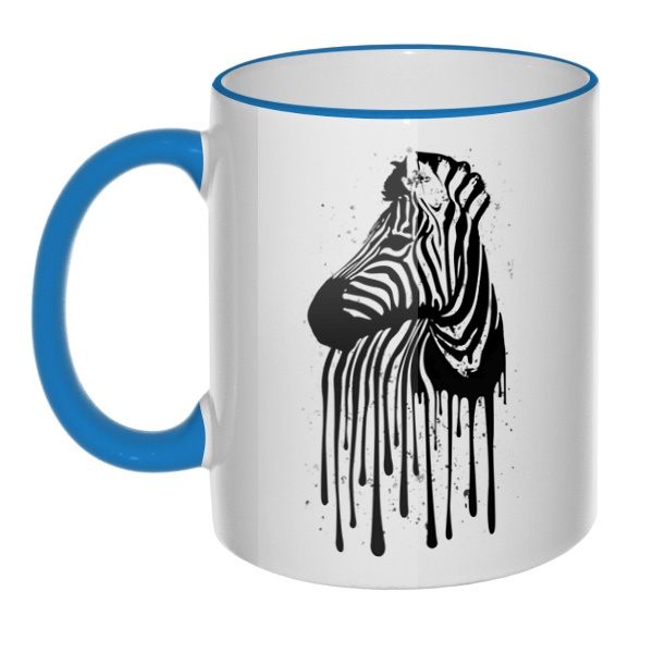 Кружка Стекающий рисунок зебры с цветным ободком и ручкой, цвет голубой