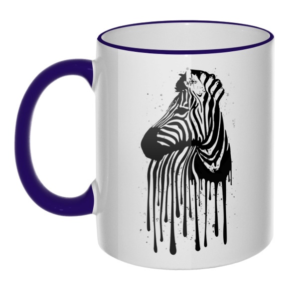Кружка Стекающий рисунок зебры с цветным ободком и ручкой, цвет темно-синий