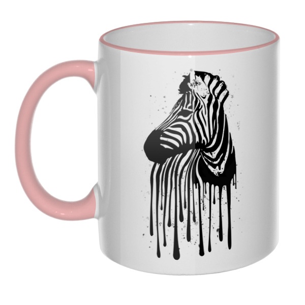 Кружка Стекающий рисунок зебры с цветным ободком и ручкой, цвет розовый