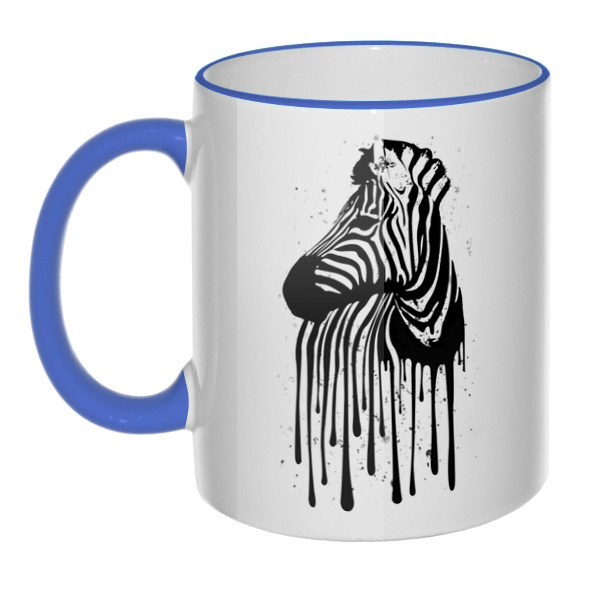Кружка Стекающий рисунок зебры с цветным ободком и ручкой, цвет лазурный